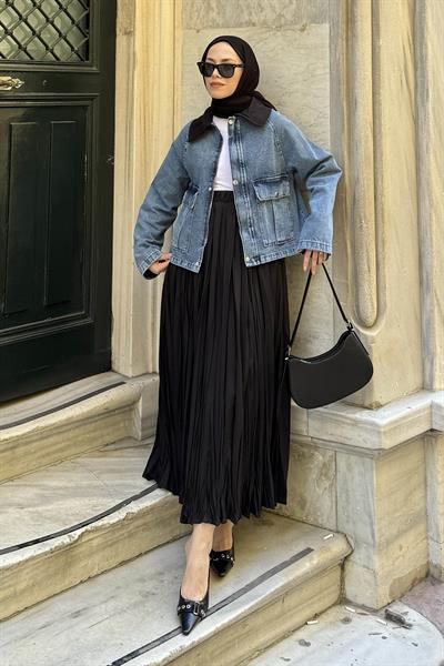 Çıtçıtlı Denim Ceket Mavi