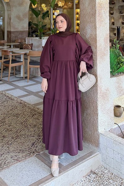 Balon Kol Katlı Yazlık Elbise Mürdüm