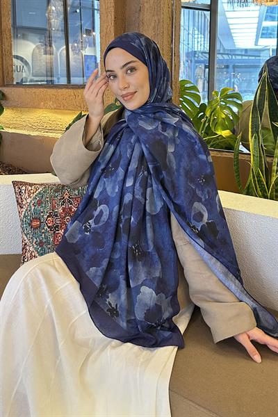 Batik Çiçek Desen Bambu Şal Gece Mavisi