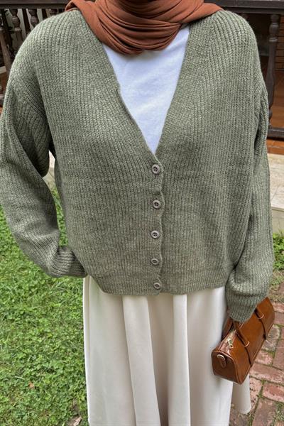 Crop V Yaka Hırka Haki