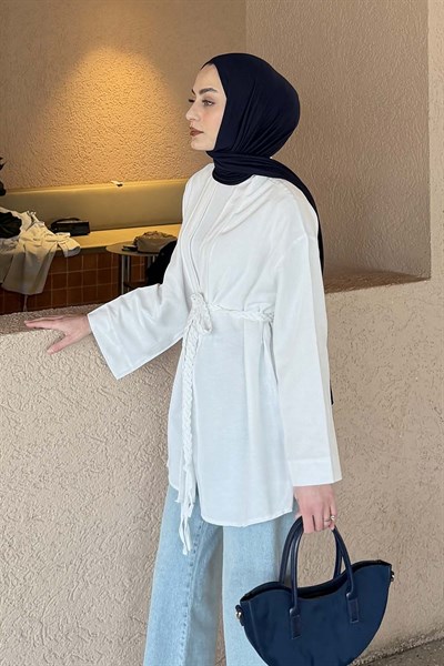 Örgü Bağlamalı Kimono Ceket Beyaz