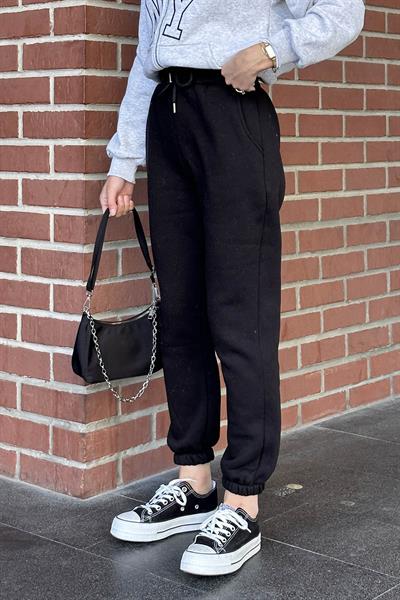 Bel Bağcık Detaylı Üç İplik Eşofman Siyah