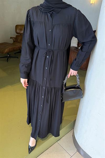 Bağlama Detaylı Tesettür Elbise Siyah