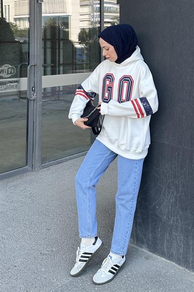 Go Baskılı Üç İplik Sweat Beyaz