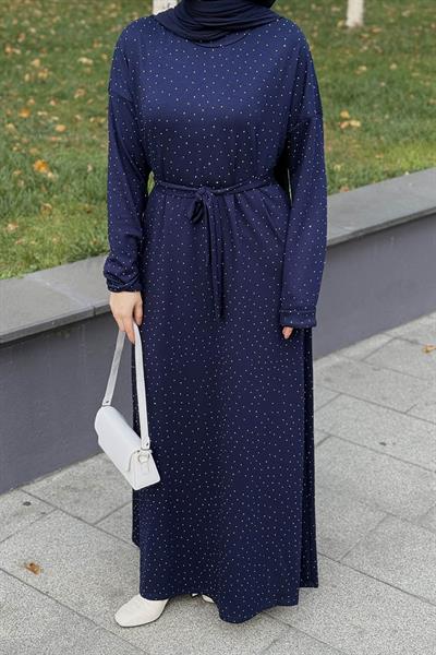 Taş Detaylı Tesettür Elbise Lacivert