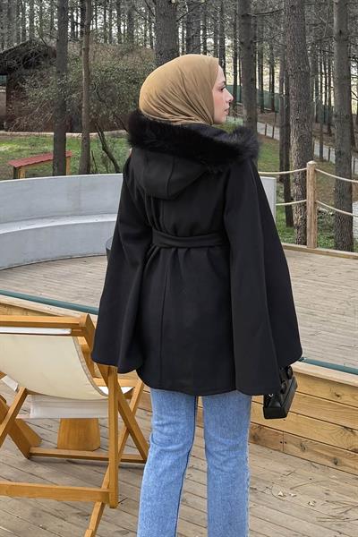 Kapüşonlu Panço Siyah