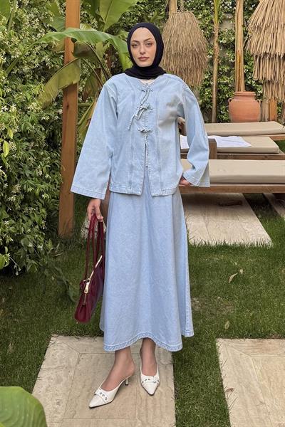 Bağcık Detaylı Denim Takım Buz Mavisi