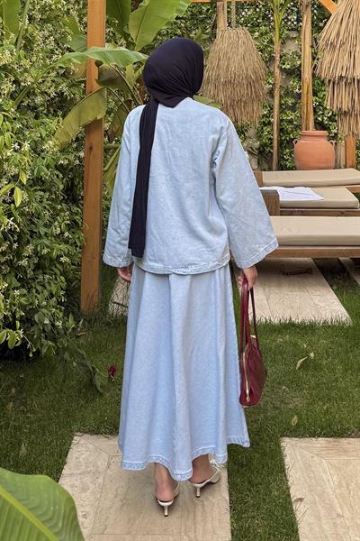 Bağcık Detaylı Denim Takım Buz Mavisi