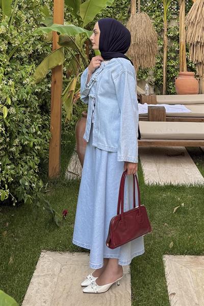 Bağcık Detaylı Denim Takım Buz Mavisi