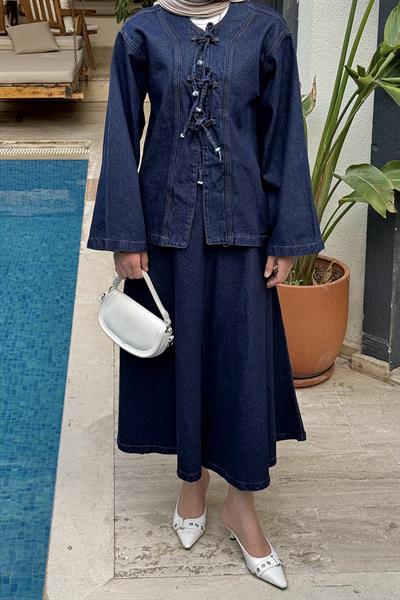 Bağcık Detaylı Denim Takım Kot Mavisi