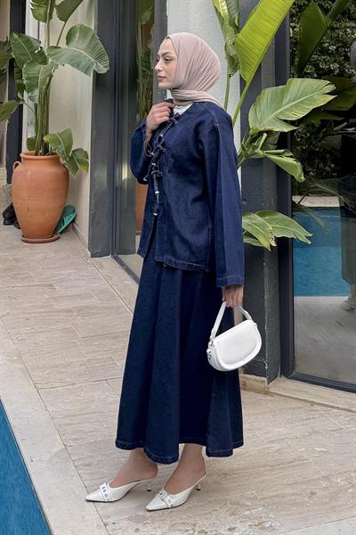 Bağcık Detaylı Denim Takım Kot Mavisi