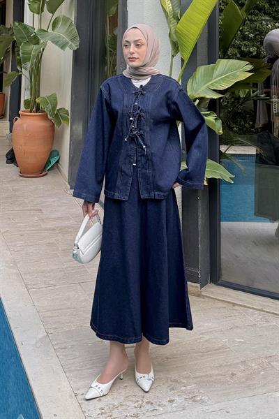 Bağcık Detaylı Denim Takım Kot Mavisi