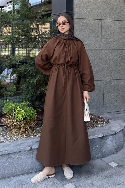 Balon Kol Bağlamalı Tesettür Elbise Acı Kahverengi