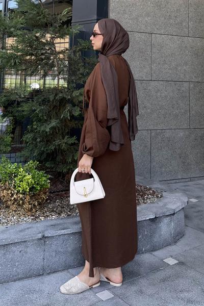 Balon Kol Bağlamalı Tesettür Elbise Acı Kahverengi
