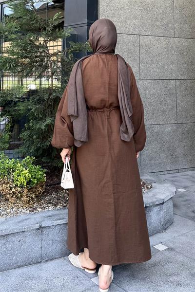 Balon Kol Bağlamalı Tesettür Elbise Acı Kahverengi