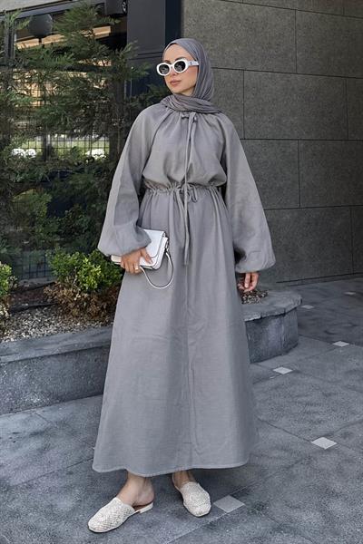 Balon Kol Bağlamalı Tesettür Elbise Gri