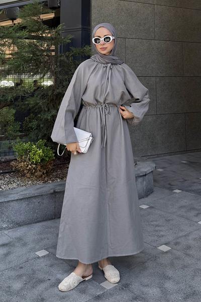 Balon Kol Bağlamalı Tesettür Elbise Gri