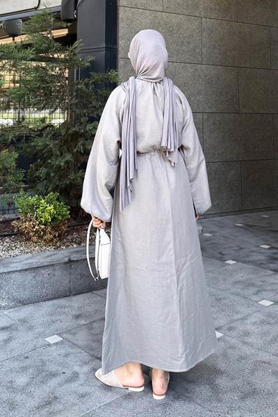 Balon Kol Bağlamalı Tesettür Elbise Gri