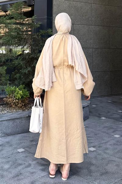 Balon Kol Bağlamalı Tesettür Elbise Kum Beji