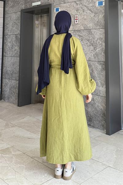 Balon Kol Bağlamalı Tesettür Elbise Yağ Yeşili