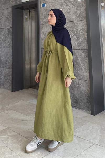 Balon Kol Bağlamalı Tesettür Elbise Yağ Yeşili