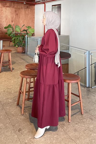 Balon Kol Katlı Yazlık Elbise Bordo