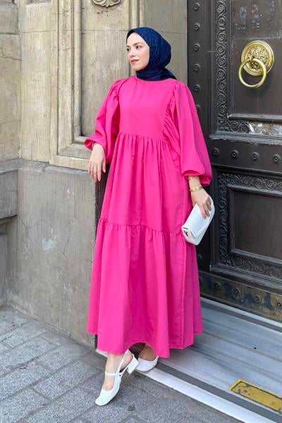 Balon Kol Katlı Yazlık Elbise Pembe