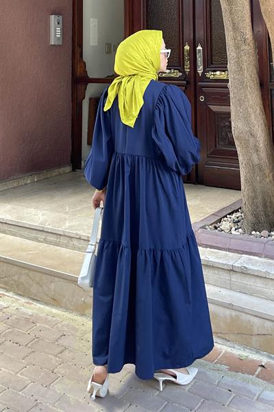 Balon Kol Katlı Yazlık Elbise Lacivert