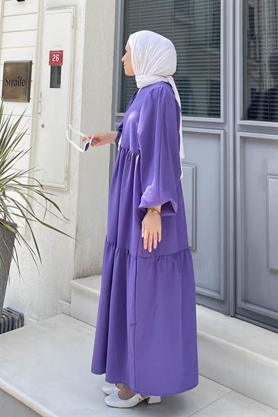 Balon Kol Katlı Yazlık Elbise Mor