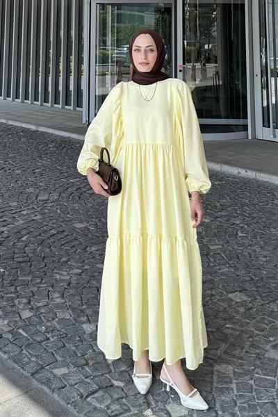 Balon Kol Katlı Yazlık Elbise Sarı
