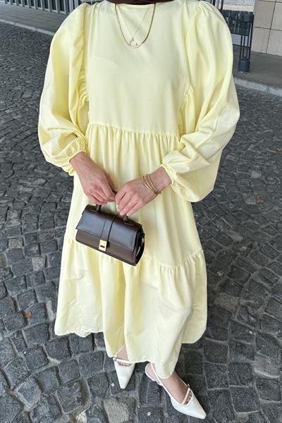 Balon Kol Katlı Yazlık Elbise Sarı