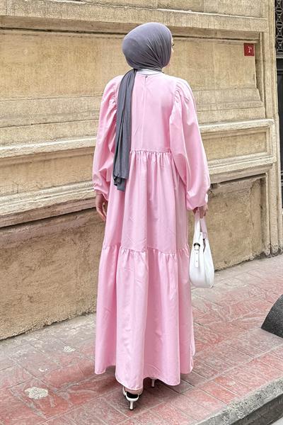 Balon Kol Katlı Yazlık Elbise Şeker Pembesi