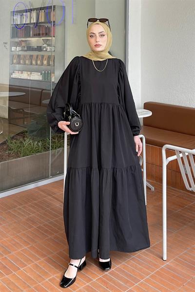 Balon Kol Katlı Yazlık Elbise Siyah