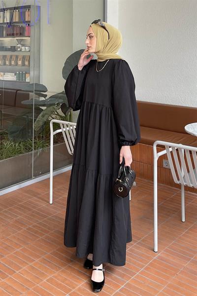 Balon Kol Katlı Yazlık Elbise Siyah
