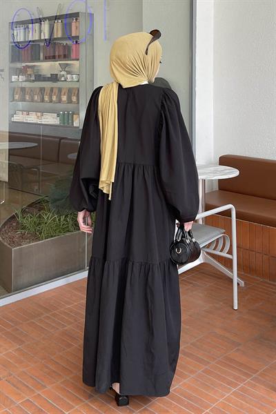 Balon Kol Katlı Yazlık Elbise Siyah