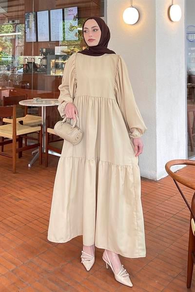 Balon Kol Katlı Yazlık Elbise Taş