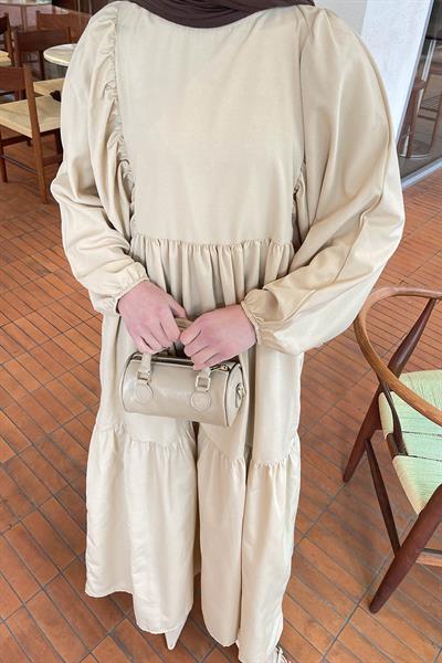 Balon Kol Katlı Yazlık Elbise Taş