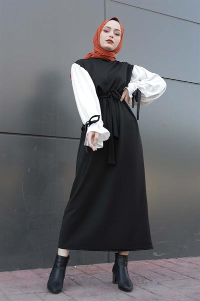 Balon Kol Kemerli Elbise Siyah