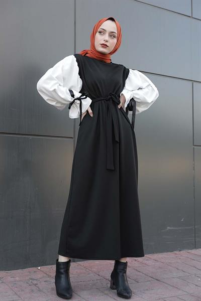 Balon Kol Kemerli Elbise Siyah