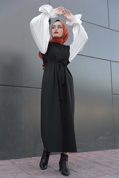 Balon Kol Kemerli Elbise Siyah