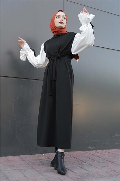 Balon Kol Kemerli Elbise Siyah