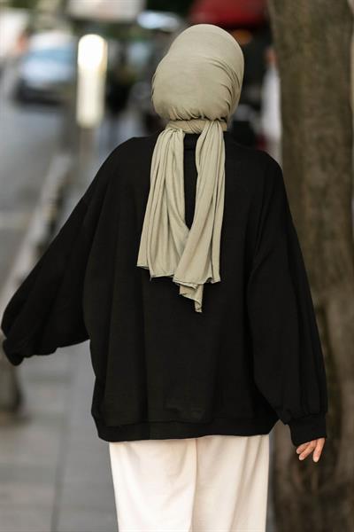 Balon Kol Yaka Ve Etek Ucu Manşetli Bol Sweat Siyah