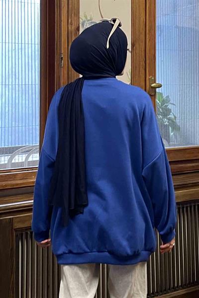 Balon Kol Yaka Ve Etek Ucu Manşetli Bol Sweat Saks Mavisi