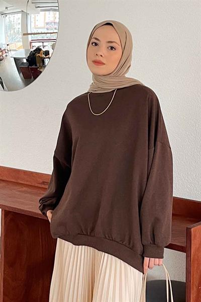 Balon Kol Yaka Ve Etek Ucu Manşetli Bol Sweat Acı Kahverengi