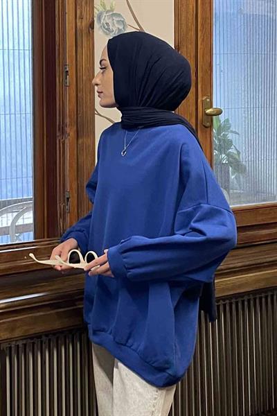 Balon Kol Yaka Ve Etek Ucu Manşetli Bol Sweat Saks Mavisi