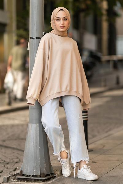 Balon Kol Yaka Ve Etek Ucu Manşetli Bol Sweat Sütlü Kahve