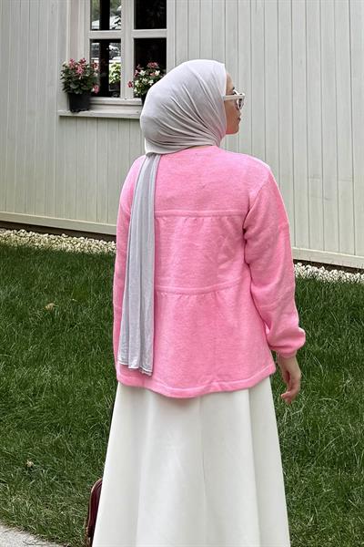 Yakası Bağcıklı Triko Kazak Pembe