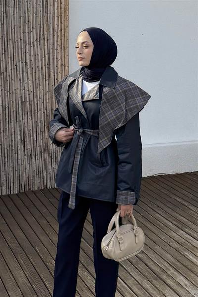 Ekose Yaka Bağlama Detaylı Mont Lacivert