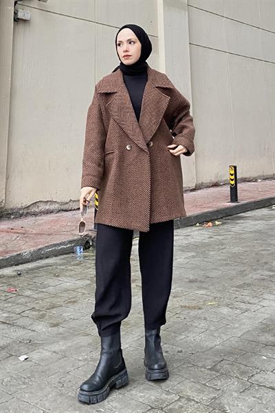 Zikzak Desen Balık Sırtı Kaban Acı Kahverengi