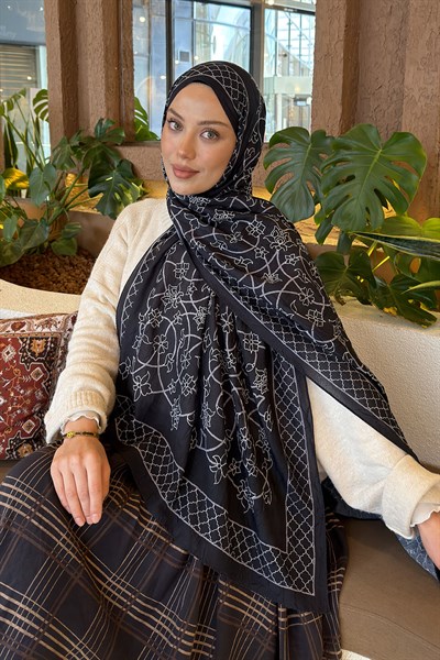 Geometrik Desen Bambu Şal Siyah